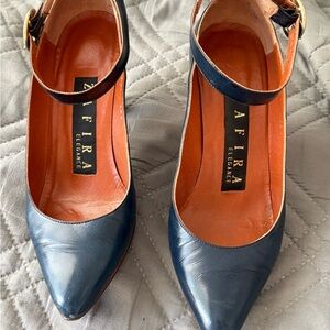 Navy Pointed-Toe Ankle-Strap Pumps by